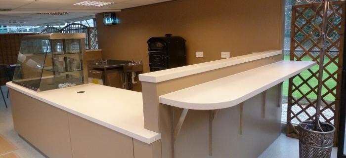 Garden centre – lathom – new cafe area . All worktops made from corian or stainless steel , fascia panels and rear walls laminated in formica laminate. Floor is an Altro safety floor and a new ceiling was installed complete with all electrical works and plumbing works.