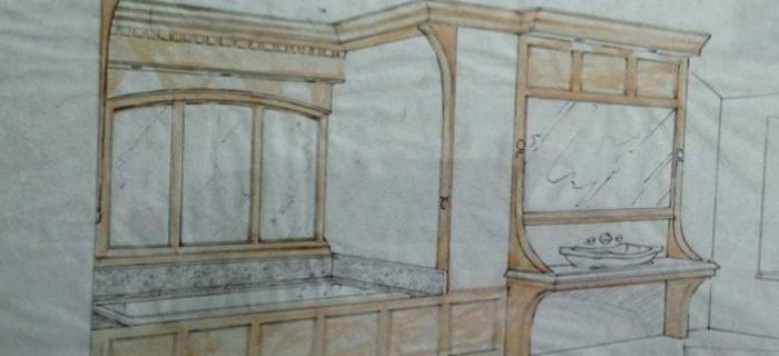 Period bathroom sketch in oak with white italin  marble