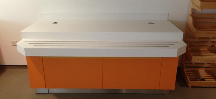 University -  Birmingham White solid surface worktops with stainless steel tray runners and two tone laminated fascia